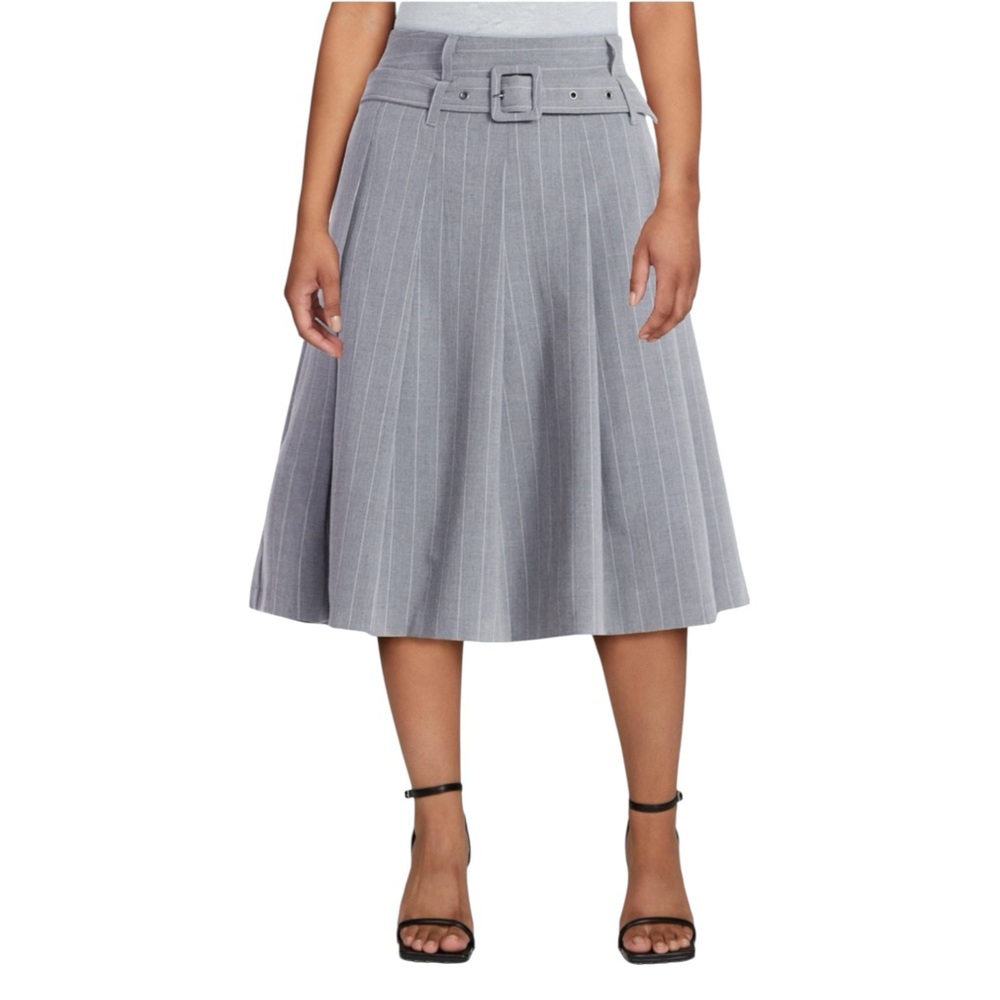 Scoop NYC Light Gray Pinstripe Midi Skirt with Belt